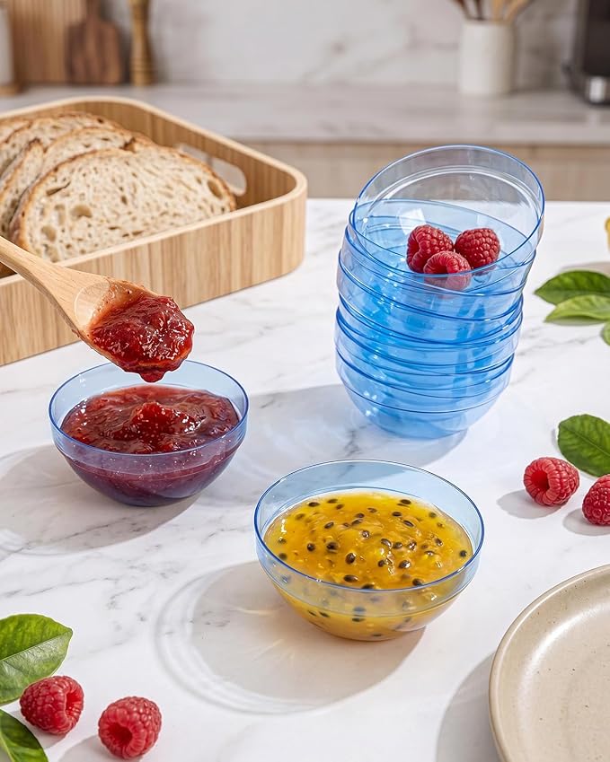 bUCLA 50 Pack Plastic Prep Bowl Sets, 6oz Clear Blue Small Pinch Bowls | Small Bowls for Salt, Spices, Chopped Ingredients, Dipping Sauces, Ice Cream Toppings, Pudding