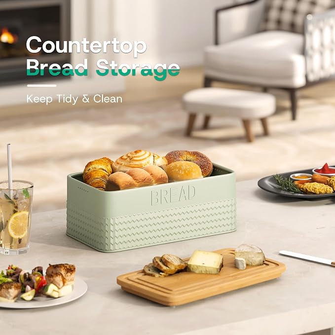 kiplant Bread Box for Kitchen Countertop, Large Bread Storage Container with Bamboo Lid, Iron Farmhouse Bread Box for Your House, Green