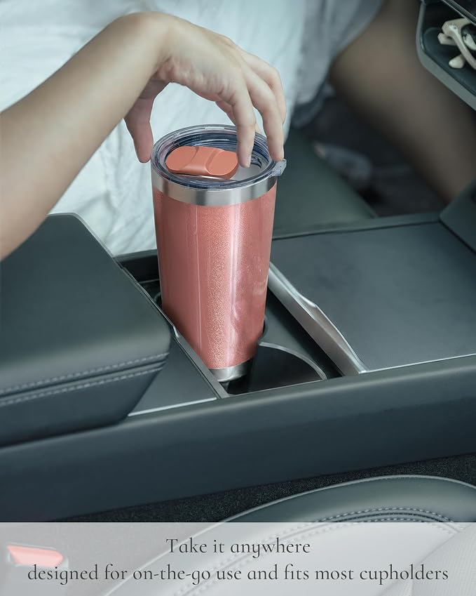 20oz Travel Coffee Tumbler with 2 Lids and Straw, Stainless Steel | Double Wall Vacuum Insulated Tumbler, Coffee Mug for Hot & Cold Drinks, Fits Most Car Cup Holders, Rose Gold