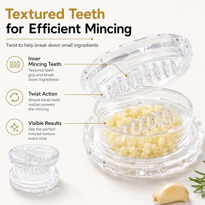 4 Pack Garlic Presses Clear, Manual Garlic Twister Masher - Plastic Garlic Grinder and Mincer Tool Dishwasher Safe & Easy to Clean Rotary Chopper for Garlic, Chili, Onion and Nuts, Compact