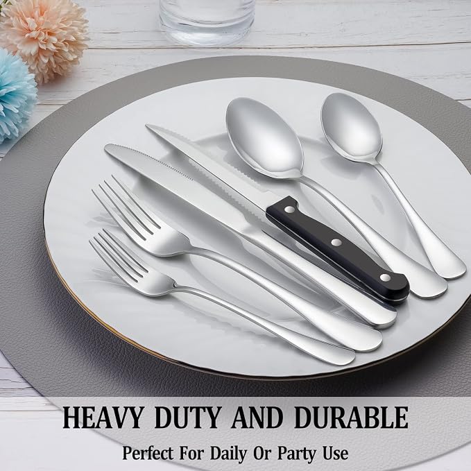 36 Pcs Silverware Set with Steak Knives for 6, Stainless Steel Flatware Set, Mirror Polished Cutlery Utensil Sets, Home Kitchen Eating Tableware Sets, Dishwasher Safe
