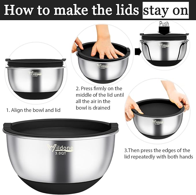 Wildone Mixing Bowls with Airtight Lids, Stainless Steel Mixing Bowls Set | Metal Bowls with 3 Grater Attachments & Non-Slip Bottoms, Size 5, 4, 3, 2,1.5, 0.63QT, Includes Utensil Set for Prep, Black