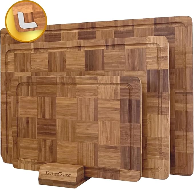 SliceElite Extra Large Bamboo Cutting Board Set 3 Piece End Grain Wooden Chopping Boards with Holder Non Slip Feet Juice Groove XL Butcher Block Style Boards for Kitchen Carving and Serving