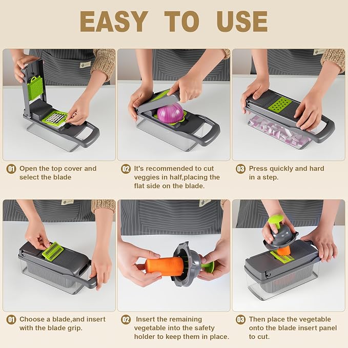 Vegetable Chopper with Container Cheese Grater Mandoline Slicer Cabbage Shredder for Veggie Onion Potato Fruit Food, Includes Egg Separator & Vegetable Peeler, Manual Hand Cooking Gadget for Kitchen