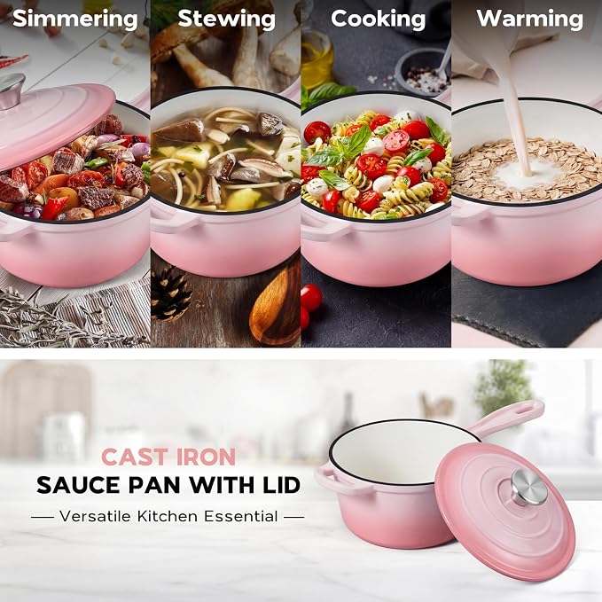 Onader Cast Iron Sauce Pan Pot, 1QT & 2QT Small Saucepan with Lid, Enameled Cast Iron Dutch Oven Cooking Kitchen Pot – Pink