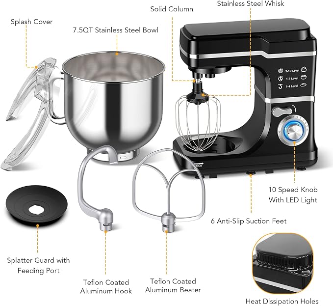 7.5 Qt Stand Food Mixer for Home Cooks, 660W Tilt-Head Electric Kitchen Mixer with 10 Speeds, Stainless Steel Bowl & Attachments for Baking and Dough Hook, Whisk, Beater, Splash Guard, Black