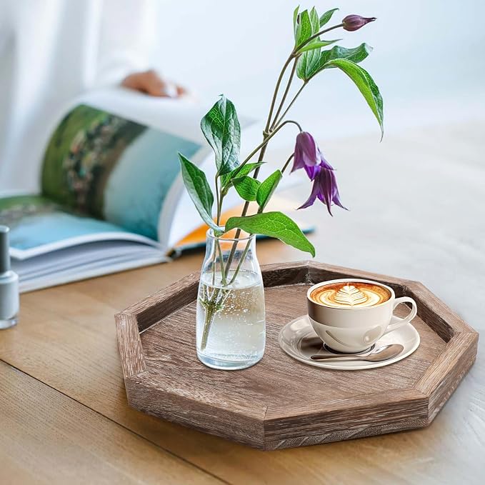 Rustic Candle Holder Plate Round Wooden Decorative Tray for Coffee Table | Boho Farmhouse Kitchen Home Counter Decor Living Room Small Wood Serving Tray Dining Table Centerpiece Bathroom Vanity Trays