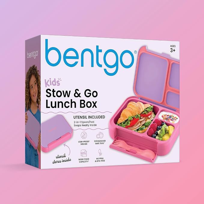 Bentgo Kids Stow & Go Leak-Proof Lunch Box with Built-In Utensil | 3.5-Cup Capacity, Removable Tray, Portion-Perfect Compartments for Kids and Teens, 2-in-1 Spoon & Fork (Lilac Pink)