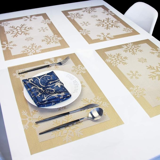 PIGCHCY Christmas Placemats Snowflake Woven Heat Resistant Placemats Washable Easy to Clean Table Mats for Dining Room and Decor(Set of 6, Gold)