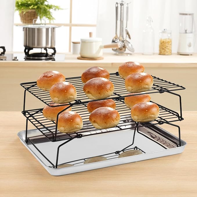Leonyo Cooling Rack, 2 Tier Stainless Steel Stackable Baking Cooking Racks for Cooling Roasting Grilling, Collapsible & Heavy Duty, Oven Safe & Easy Clean, 15" x 10", Black