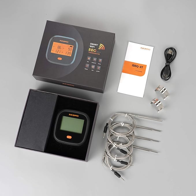 INKBIRD WiFi Meat Thermometer IBBQ-4T, Wireless BBQ Thermometer for Smoker | APP Calibration Temp Graph, Mobile Notification Timer Alarm Backlit, Rechargeable Digital Grill Thermometer, 4 Probes, Magnet