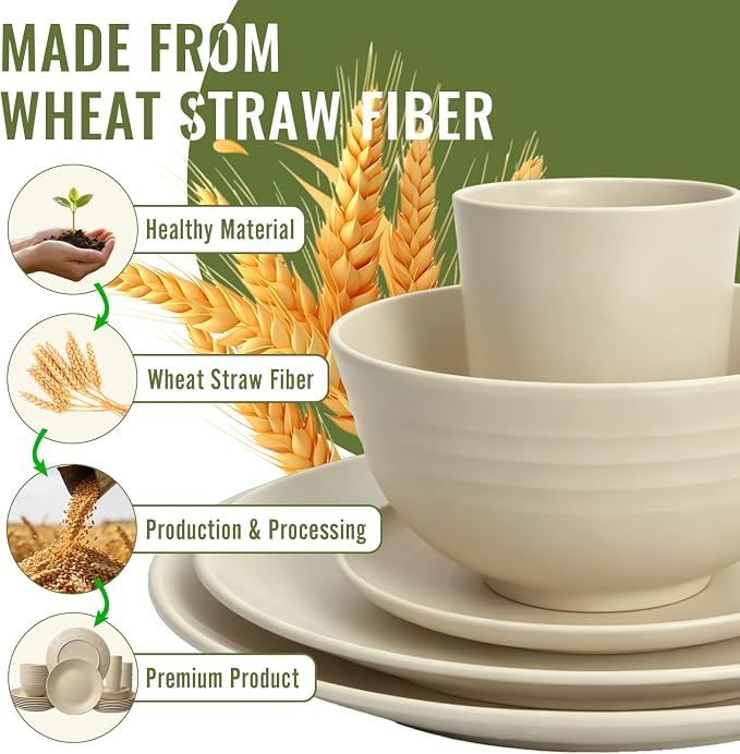 Dinnerware Sets 40 PCS Wheat Straw Plates and Bowls Sets With Cups Service for 8 Microwave Safe Dishes for Kitchen Lightweight Dish Set for RV Outdoor Activities Travel - Beige Colors