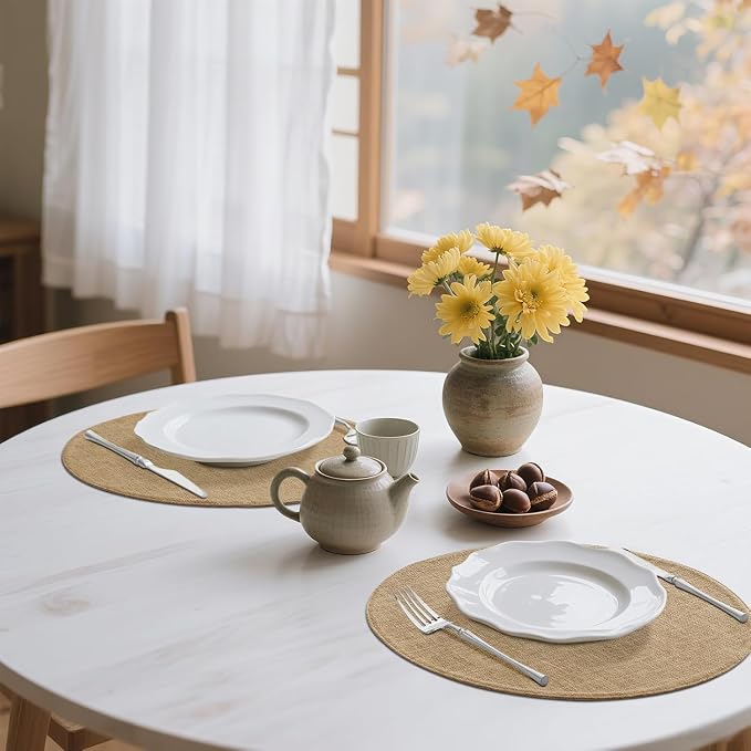 Cotton Linen 15 Inch Round Cloth Place mats, Set of 4, Linen | Washable Table Mats, Heat Resistant, Reversible, Wipeable Place Mats for Indoor Outdoor