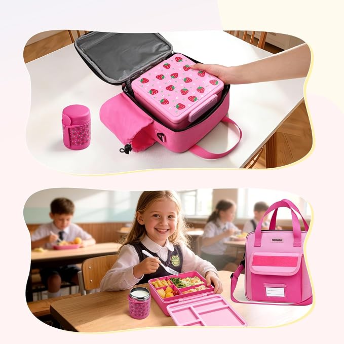 REDSHELL Kids Bento Lunch Box Set, Insulated Lunch Bag for Girls, Rose Red | Toddler 5-Compartment Lunchbox, Leakproof Food Jar, Snack Container, School Daycare, Bottle Holder, Adjustable Shoulder Strap