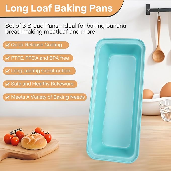 3-Pack 12x4 Long Loaf Pans, Nonstick Carbon Steel Bread Baking Pan | for Sandwich Bread, Homemade Bread, Sourdough, Easy Release, PFOA Free