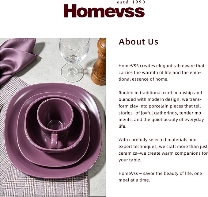 HomeVss, Stoneware Square 16pc Dinnerware Set, Matte Purple