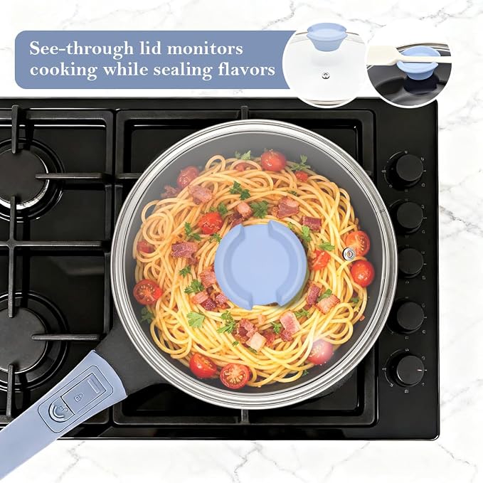 2.5 Qt Nonstick Sauce Pan with Lid, Sauce Pot with Pour Spout, Blue | Detachable Handle, Suitable for All Stoves, Including Induction, Oven Safe, PTFE & PFAS & PFOA Free