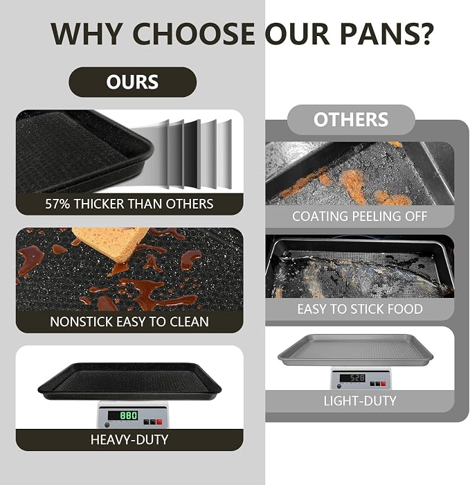 Wildone Baking Sheet Pan Set of 2, Honeycomb Embossed Nonstick Cookie Sheet | Thicker Carbon Steel Jelly Roll Pan Oven Tray 15x10 Inch, Heavy Duty & Easy Clean, Black
