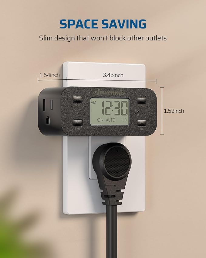 DEWENWILS Indoor 24 Hour Programmable Digital Timer Outlet, 1 Outlet,2 Pack | 3 On/Off Programs,125V/15A, 1/2 HP, 3 Prong Light Timer for Lamp,Aquarium, Christmas Decorations, Reptile Tanks,Black