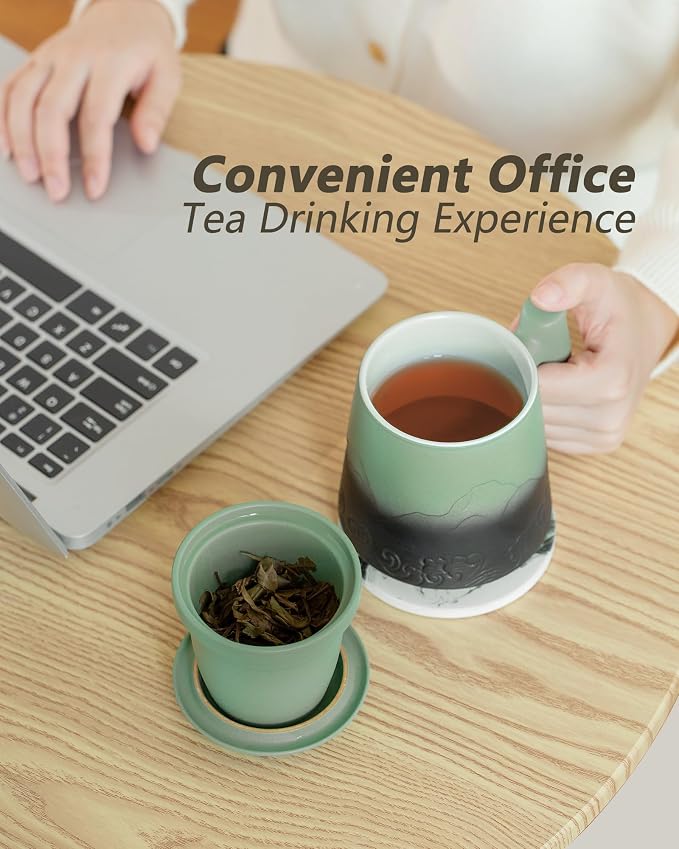 ZENS Tea Infuser Mug with Lid & Coaster, 15oz Loose Tea Diffusers, Moss | Embossed Ceramic Tea Cup with Infuser for Loose Leaf Tea Steeper, Tea Lovers Gifts, Nature Wood Handle