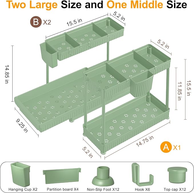 3-Pack 2-Tier L-Shaped Under Sink Organizers with Sliding Drawers | Multi-use kitchen & bathroom storage, 14.85 inch green cabinet organizer, space-saving sliding drawer design.