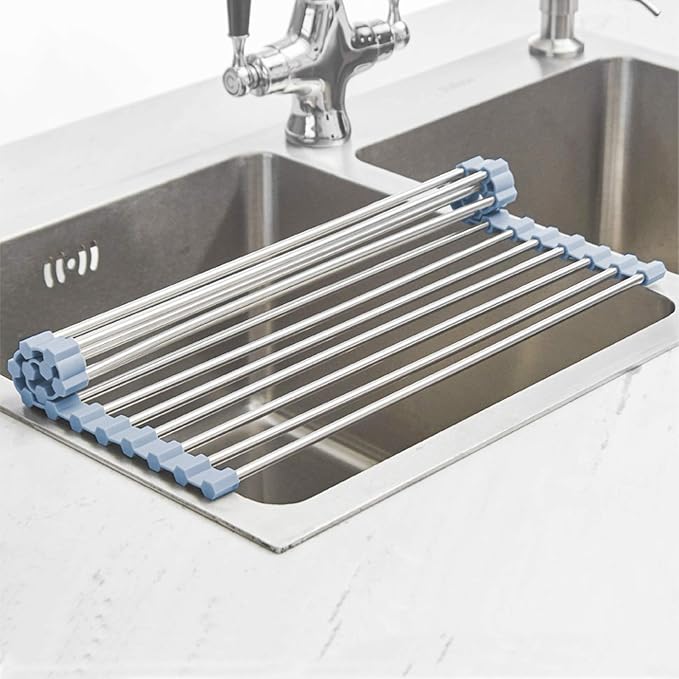 Over The Sink Dish Drying Rack, Stainless Steel Roll Up Dish Drying Rack Kitchen Dish Rack Sink Drying Rack, Foldable Dish Drainer, 17.5''x13.7''