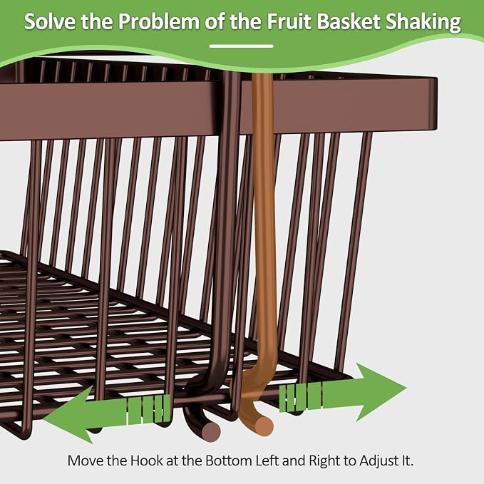 2 Tier Fruit Basket for Kitchen Counter with 2 Banana Hangers, Countertop Metal Bread Basket with Wooden Handle, Large Storage Stand for Vegetables, Snacks, Eggs, Produce Storage – Brown