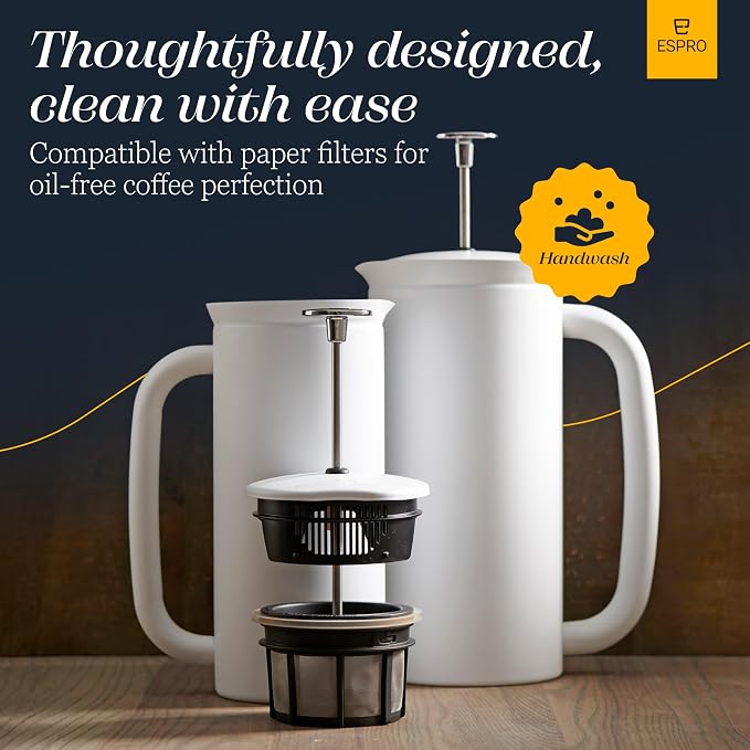 ESPRO P7 French Press, 18oz, Matte White, Stainless Steel Coffee Maker | Double Filter Coffee Press, Grit-Free Coffee, Heat Resistant Insulated tea Press, Easy Hot and Cold Coffee Brewer, Tea Brewer