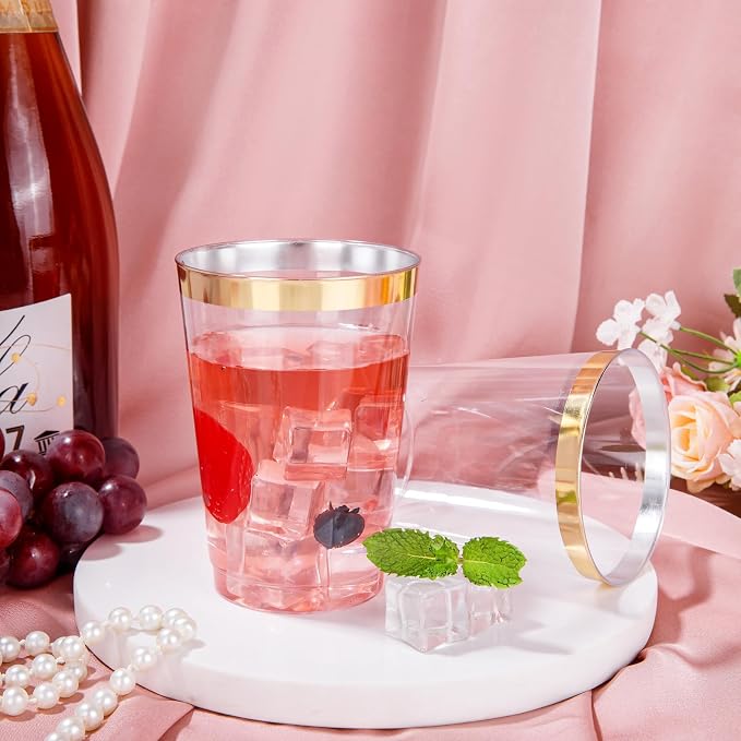 I00000 50 Pack 12 oz Gold Plastic Cups, Gold Rimmed Disposable Cups, Disposable Plastic Wine Glasses Cocktail Glasses Heavy Duty Cup with Golden Rim, 12 Ounce Tumblers for Party & Wedding
