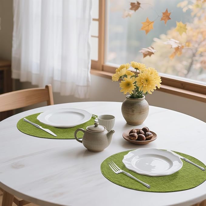 Cotton Linen 15 Inch Round Cloth Place mats, Set of 12, Grass Green | Washable Table Mats, Heat Resistant, Reversible, Wipeable Place Mats for Indoor Outdoor