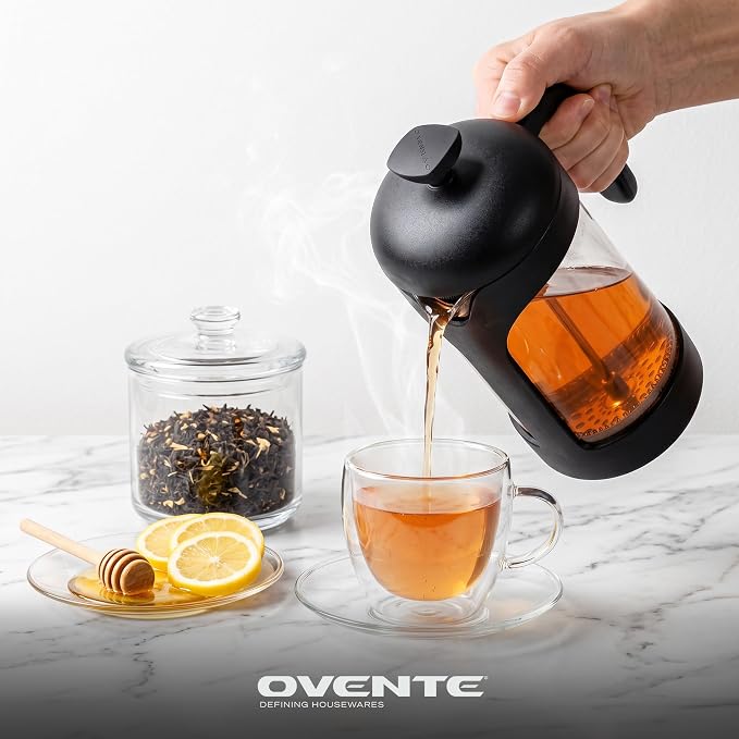 OVENTE 20oz French Press Coffee Maker with 4-Level Filtration, Black FPB20B | Heat Resistant Borosilicate Glass Pot, Dishwasher Safe Stainless Steel Filter, Portable Cafetiere for Travel, Camping or Gift