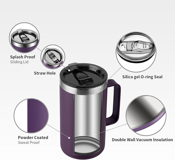KXIAOCHEN 20 oz Insulated Coffee Mug, Coffee Cup with Lid and Wide Handle | 18/8 stainless steel, 6+ hours hot or 12+ hours cold, wide mouth, no-sweat exterior, for office, work, home and camping