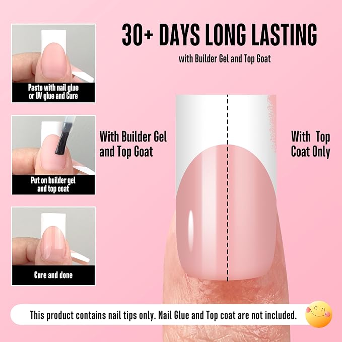 NOVO OVO Medium Sharp Square White French Tip Nail Tips Press on BABY PINK, Extra Thick NEED Builder Gel & Top Coat & Glue, Soft Gel Full Cover False Fake Nail Extension in Salon DIY x 15 Sizes 180 pc