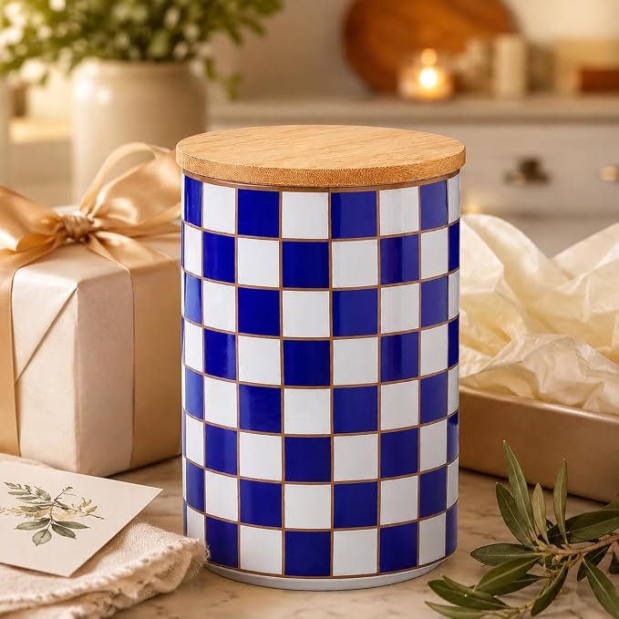 Kitchen Countertop Ceramic Checkered Canisters,Black And White Food Storage Containers With Lid,Airtight Kitchen Canisters for Flour, Sugar, Coffee, Tea, and Dry Goods (Blue, XL)