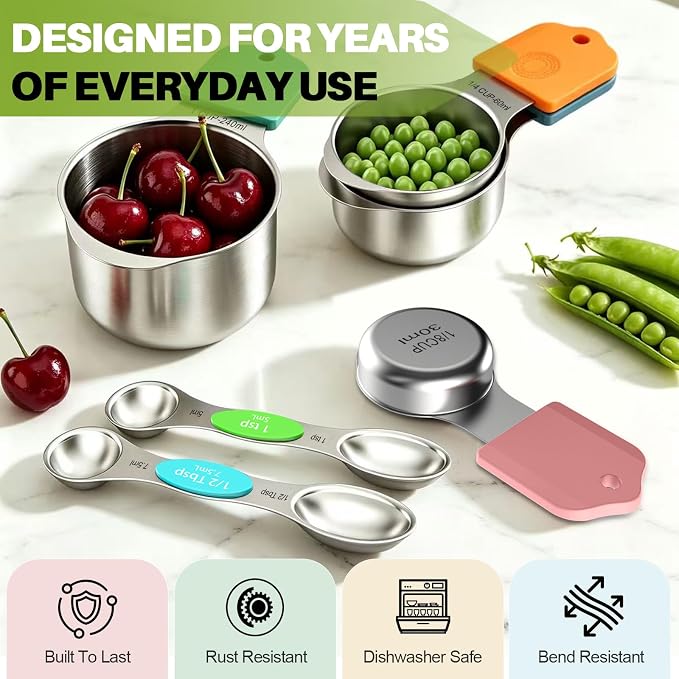 Magnetic Measuring Cups and Spoons Set, 16-Piece Set with Leveler | Strong N52 Magnets, Heavy Duty 304 Stainless Steel, Dual-Sided Design Fits Spice Jars, Easy-to-Read Markings for Cooking