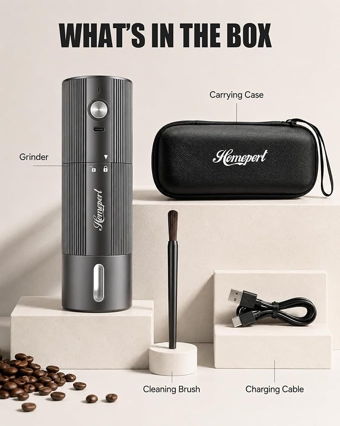 Upgraded Faster Electric Coffee Grinder, Stainless Steel Burrs, Gray | Cordless Coffee Mill, 1600mAh Rechargeable Battery, 40 Setting for Pour-Over to Espresso, Portable for Camping, Travel