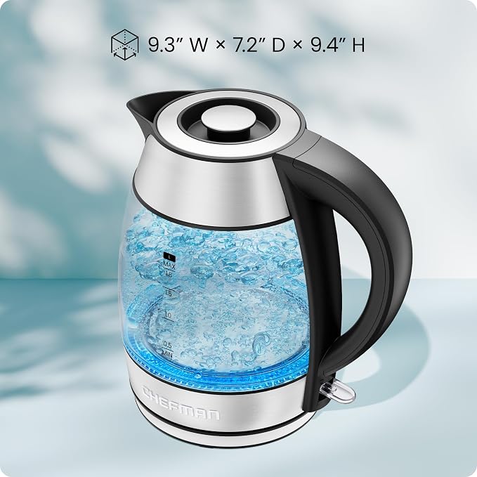 Chefman Electric Kettle 1500W, 1.8L Hot Water Boiler, Removable Lid for Easy Cleaning, LED Indicators, Auto Shutoff & Boil-Dry Protection, Borosilicate Glass Electric Tea Kettle – Stainless Steel