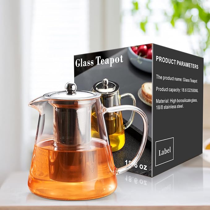 PARACITY Glass Teapot Stovetop 18.6 OZ, Borosilicate Clear Tea Kettle with Removable 18/8 Stainless Steel Infuser, Teapot Blooming and Loose Leaf Tea Maker Tea Brewer for Camping, Travel (550ML) | Tea infuser & tea strainer. Blooming tea; clear teapot,...