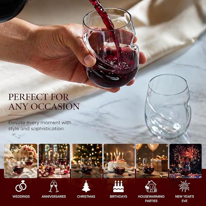 4 Pack Stemless Wine Glasses, 16 oz Handcrafted Clear Glass Set with Finger Indentations, Suitable for Everyday Use, Hosting, Evening Parties, and Celebrations