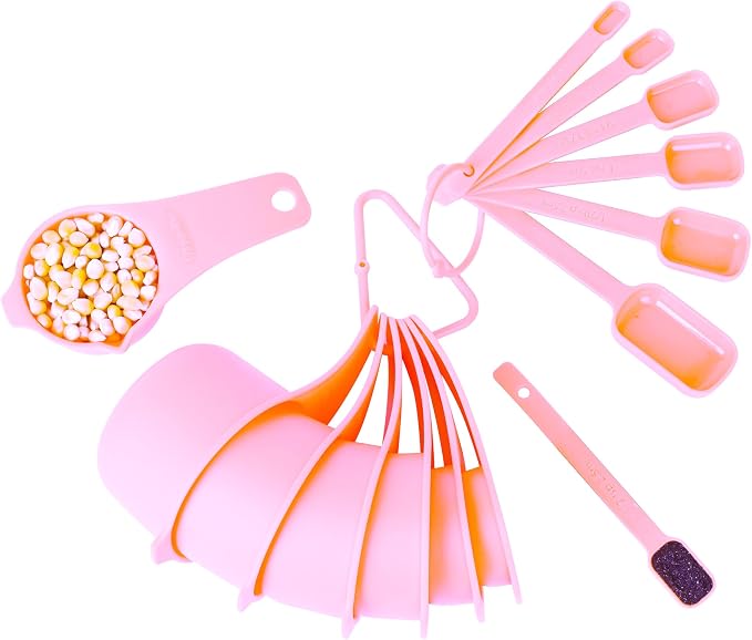 Measuring Cups and Spoons Set, Plastic Measuring Cup Set 15, Pink Dry Measure Cups Spoons, 7 Measuring Cups & 7 Spoons, Kitchen Measure Cup Spoons for Cooking & Baking