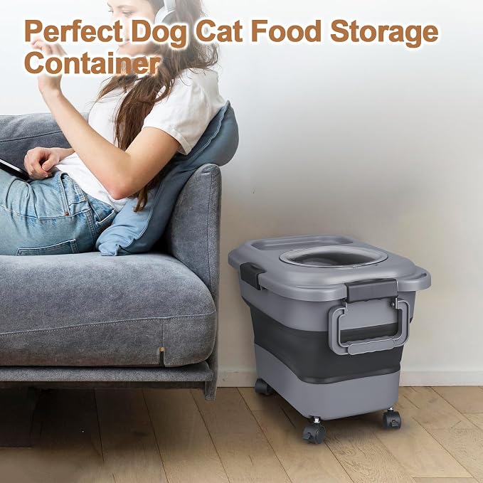 Dog Food Storage Container,2 Pack 25 lbs Airtight Collapsible Cat Food Storage Container with Attachable Wheels, Portable Handle, Dog Food Scoop for Dog Cat Bird Pet Dry Food Storage Bin Large