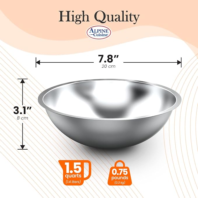 Alpine Cuisine 1.5-Quart Stainless Steel Kitchen Mixing Bowl for Your Kitchen Meal Prep, Cooking, and Baking.