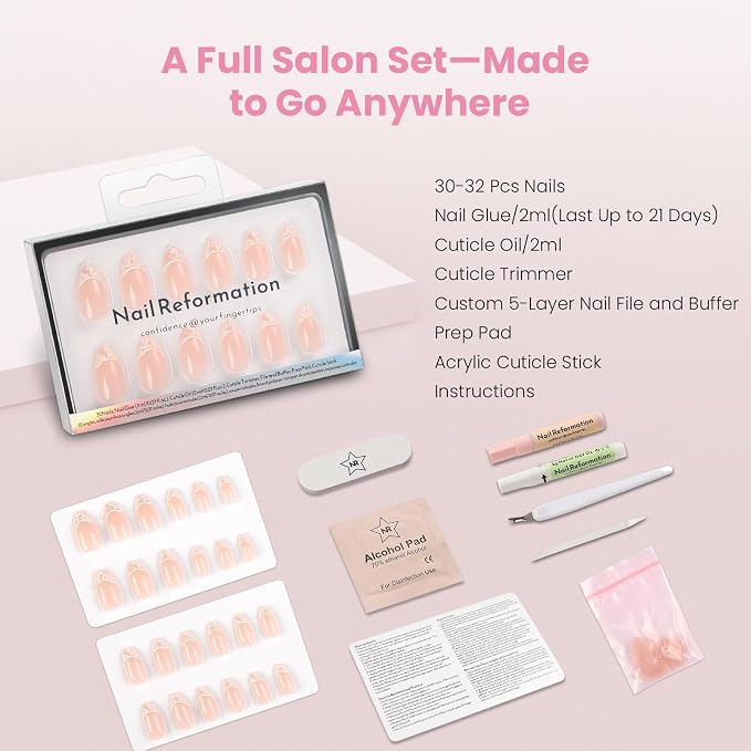 Nail Reformation Press On Nails, Petal Lace Neutral Short Almond Fake Nails | White Floral Lace French Tip in Glossy Finish, Reusable Stick On Nails in 16 Sizes - 32 False Nail Kit for Women Gifts