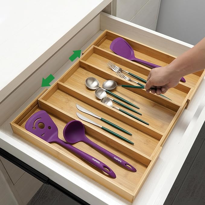 Utoplike Bamboo Expandable Kitchen Drawer Organizer Silverware Utensil Tray | Cutlery Holder, Drawers Divider for Large Utensils, Flatware, Knives, Spatulas in Kitchen, Office, Adjustable 3-5 Slots
