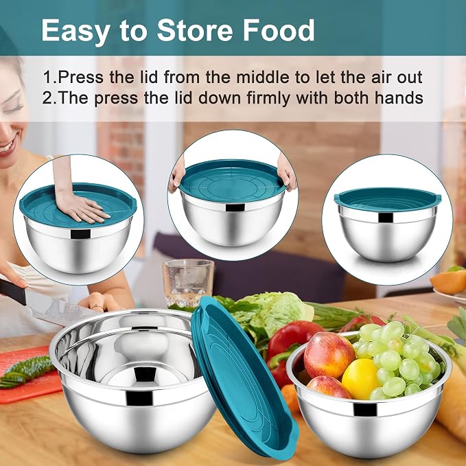 E-far Mixing Bowls with Lids, 6-Piece Stainless Steel Salad Bowls Metal Nesting Bowls for Baking Cooking and Prepping, Airtight Lids & Stackable Design, Size 4.5, 3, 1.5 QT (Blue)