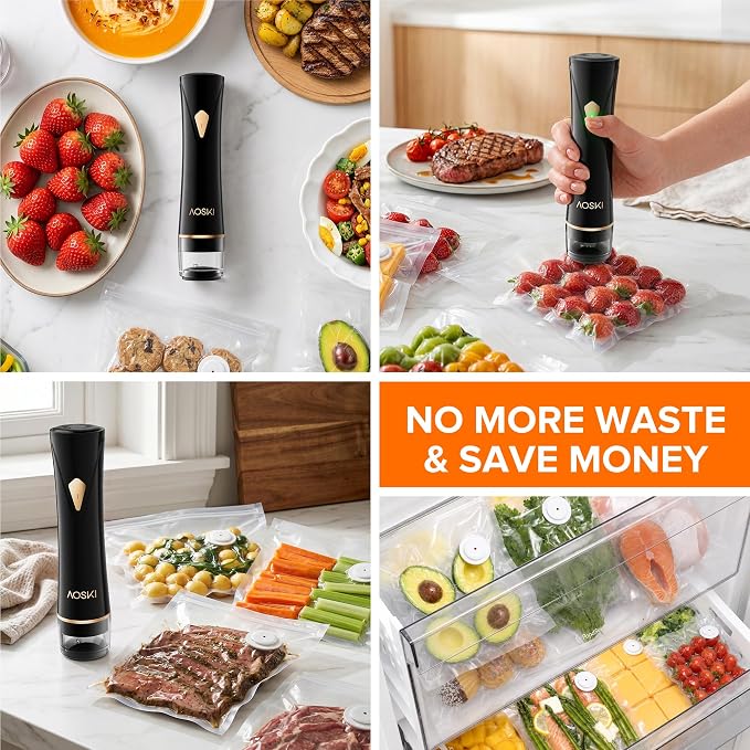 Handheld Vacuum Sealer for Food with Visible Liquid Tank | Compact Powerful Food Vacuum Sealer Machine with 10 Reusable Bags, Seal Meal Saver, Portable & Wireless, Black