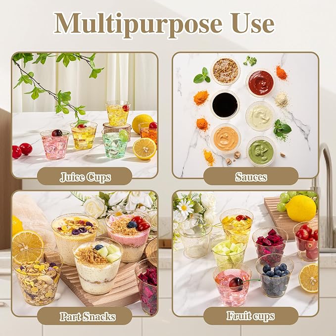 I00000 5oz 100 Pack Gold Glitter Plastic Cups, Glitter Disposable Small Plastic Cups, Disposable Clear Cup with Gold Glitter Shot Glasses, Small Tumbler Perfect for Wedding & Party