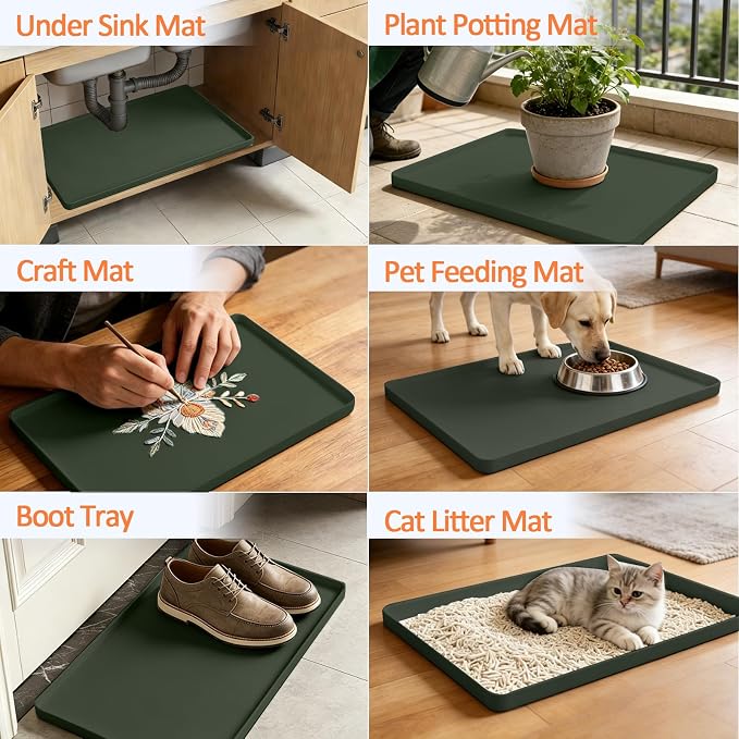 Silicone Coffee Maker Mat with Lip for Countertops, 15.7''x11.8'', Green | Multi leak-proof coffee tray for countertop, non-slip silicone mat fits most coffee makers & espresso machines, wipe-clean