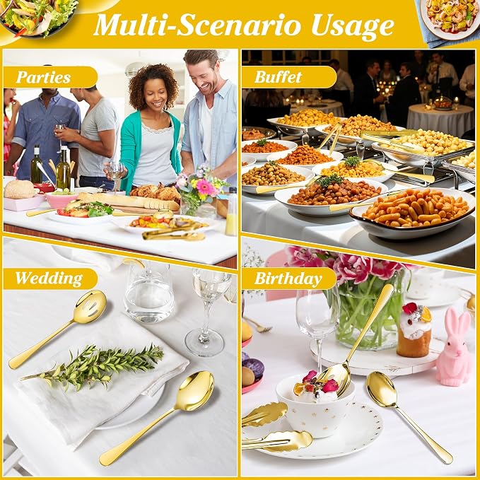 Mwellewm 18Pcs Serving Utensils Set Serving Tongs Serving Spoons for Buffet | Dishwasher Safe, Gold Stainless Steel Tableware, Metal Cutlery, for Parties Weeding Entertaining Catering Banquet Birthday