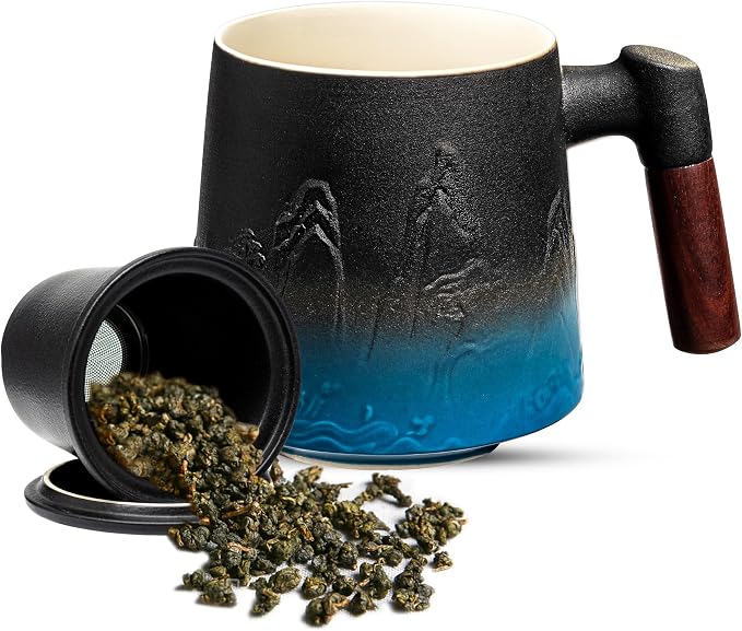suyika Ceramic Tea Cup with Infuser and Lid, Matte Black 15.2 oz / 450 ml | Gradient Embossed, Large Tea Mug, Wooden Handle